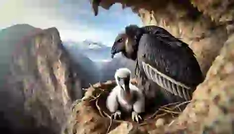 Kuntur, a newly hatched condor chick, nestled in a cliff crevice with his protective mother.