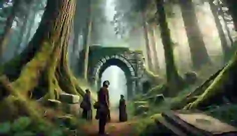 Villagers discover an ancient moss-covered stone arch deep in the Schwarzhain Forest, illuminated by ethereal light.