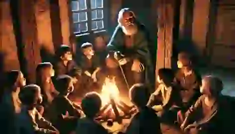 An older Aaron, now an elder, sits by the fire telling his story to children, who listen intently in the warm firelight.