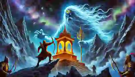 Aibek faces the spectral figure of Batyr Dastan at Mount Tengri’s summit, near a glowing altar with the Soul Feather.