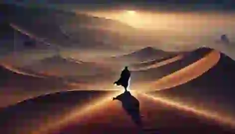 Arash walks away from the valley at dusk, with long shadows stretching across the desert sands.