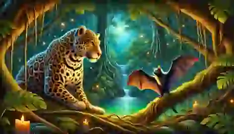 Jaguar and bat meeting near the Cenote in a moonlit jungle surrounded by dense foliage and glowing fireflies.