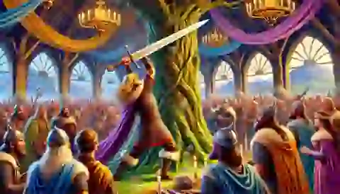 Sigmund pulls the sword from the great tree Barnstokkr at the wedding feast.