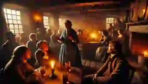 Villagers gathered around an elderly woman in a dimly lit 1855 English tavern as she tells a story about cloven-hoofed figure.