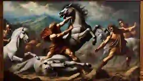 Hercules capturing the man-eating mares of Diomedes against a dark, ominous Thracian landscape.