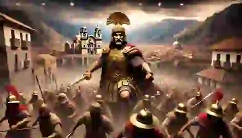 Pachacuti leads the defense of Cusco against the invading Chanka warriors, with storm clouds over the Andes mountains.