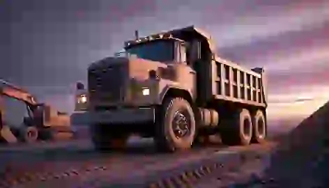 The Bulldozer rests with its blade down on freshly leveled ground, under a sunset sky.