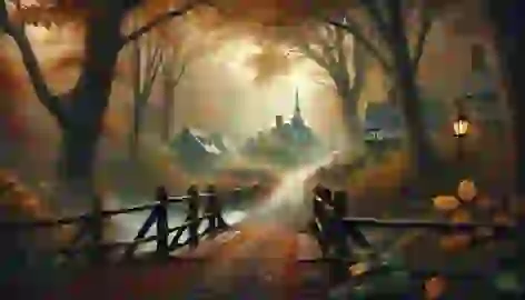 A peaceful autumn path leading to Sleepy Hollow village with golden leaves and mist rising from the forest