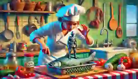 The cook discovering the tin soldier inside the fish she was cleaning.