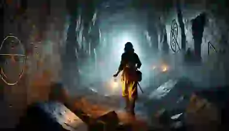 Calliope journeying through a dark cave to find the Fates