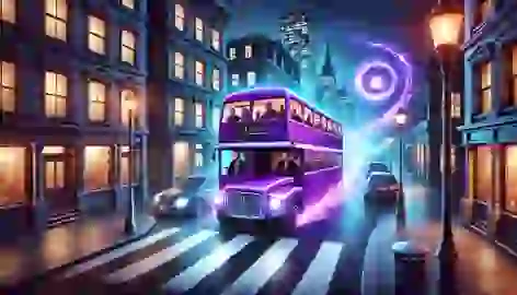 A magical bus speeding through dark city streets at night with vibrant purple lights illuminating the scene.