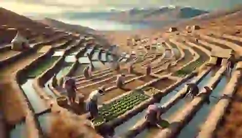 Tiwanaku farmers cultivating crops using raised-field agriculture near Lake Titicaca.