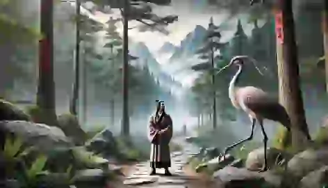 Scholar Liang, guided by a crane, walks through a foggy forest toward the mystical Dragon’s Peak.