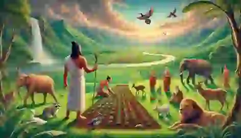 Manu planting seeds in a green field while animals and birds explore the fertile land.