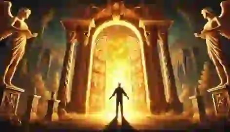 Callisthenes stands in awe before the glowing golden gates of Elysium, which open to reveal paradise beyond.