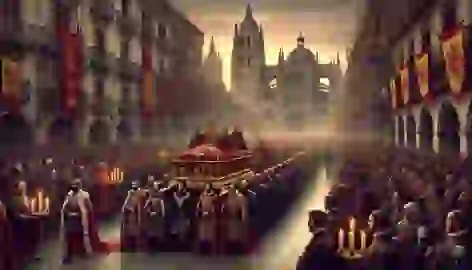 The funeral procession of King Alfonso III through León, with mourning citizens and knights paying their respects.