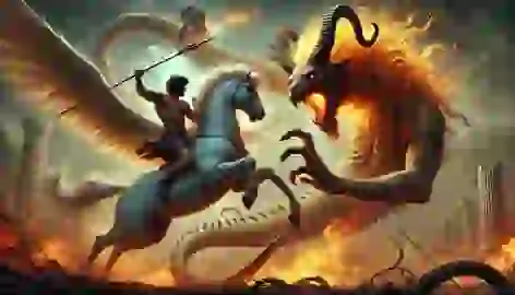 The climactic battle between Bellerophon on Pegasus and the Chimera, with fire, venom, and intense struggle in the air.