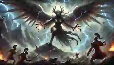 Celaeno, enraged, summons a storm against a warlord’s army, with lightning illuminating the scene in dark mountains.