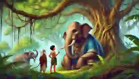 Hathi the elephant giving advice to Mowgli and Bagheera.