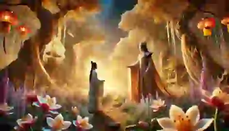 Yu Huang standing before the Queen Mother of the West in a glowing celestial garden, accepting divine trials