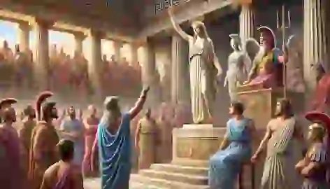 Athena casts the deciding vote in the trial of Orestes as Apollo and the Erinyes watch intently.