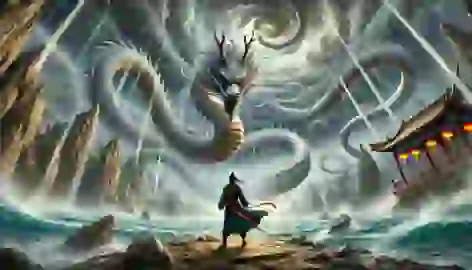 Liang endures the Wind Dragon’s trial, standing firm amidst a tempest as the dragon coils through stormy skies.