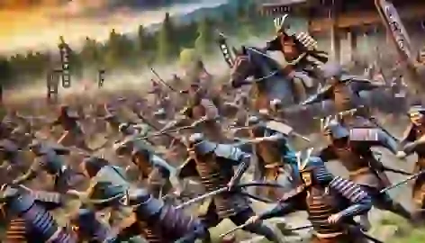 Battle of Kurikara with samurai warriors in fierce combat.