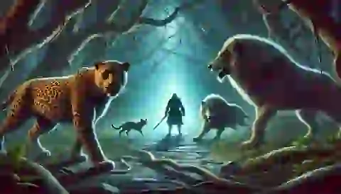 Wanderer in a dark forest encountering three fierce beasts: a leopard, a lion, and a she-wolf.