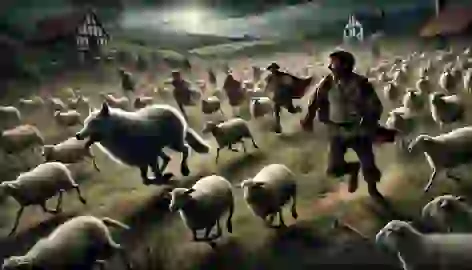 A wolf attacks the sheep while Peter runs toward the village, panicked and shouting for help