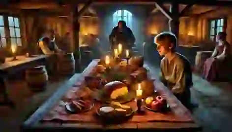 Hans in a medieval inn, marveling at the magical tablecloth spread with various delicious foods.