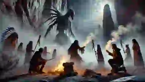 In a canyon at night, Leona and warriors confront the Skinwalker, their blessed weapons glowing as smoke fills the air.