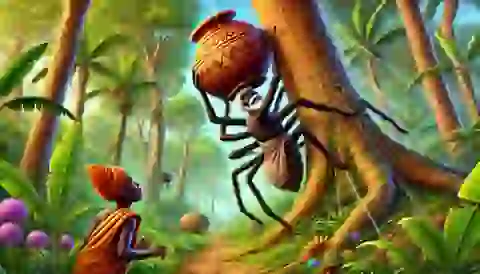 Anansi struggling to climb the tree with the pot tied to his front, while his son Ntikuma watches from below.