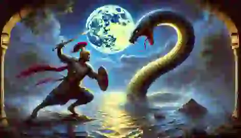  Rustam fighting a massive serpent emerging from a shimmering river under moonlight with his sword mid-swing.