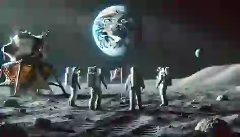 Four friends stand on the Moon’s surface next to a planted flag, gazing at the Earth in the distant sky.