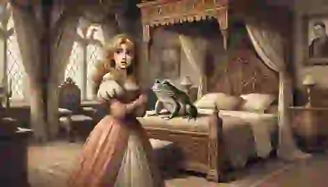 The reluctant princess carries the frog to her bed, holding him at arm