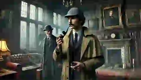 Sherlock Holmes, Dr. Watson, and Inspector Lestrade searching a deserted manor.