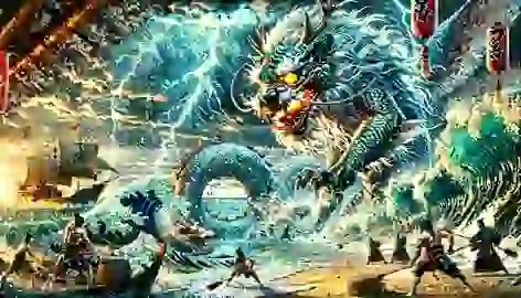 The Shisa battles a giant sea dragon on the shore, with villagers standing united in the background.