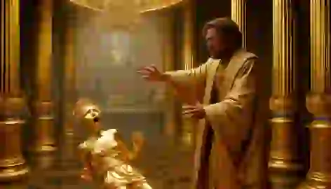 King Midas accidentally turns his daughter into a golden statue, frozen in shock, as he realizes the extent of his curse.