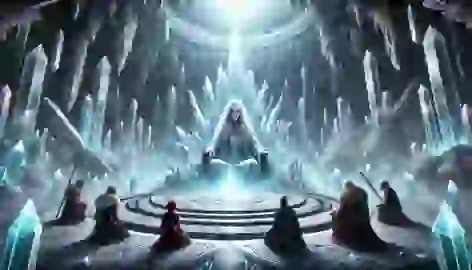 Heroes kneeling before the Oracle of Lyris in a glowing crystal sanctuary deep within snowy mountains.