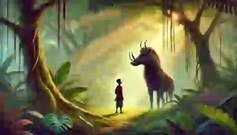 Tiago bids farewell to the Caipora, who sits atop a wild boar in a peaceful, sunlit grove