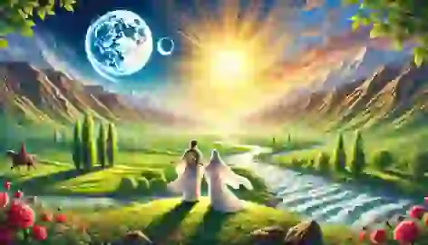 Arash and Aylin standing in a sunlit Persian valley with the Sun and Moon blessing them from above.