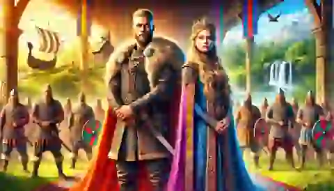 Aslaug, the wise queen, standing with Ragnar Lodbrok, uniting two legendary lines.