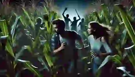 A couple runs through a dense cornfield at night, chased by shadowy figures of children wielding sharp tools.