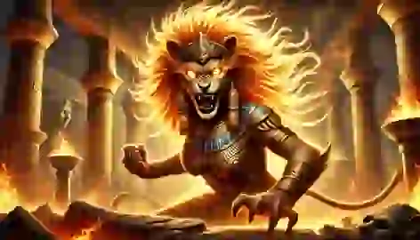 Hathor in her fierce lioness form as Sekhmet, surrounded by flames, in a battle stance.