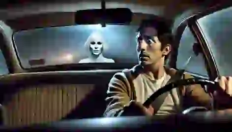 Taxi driver Carlos looks in terror at the White Lady sitting in his backseat, her face smooth and featureless.