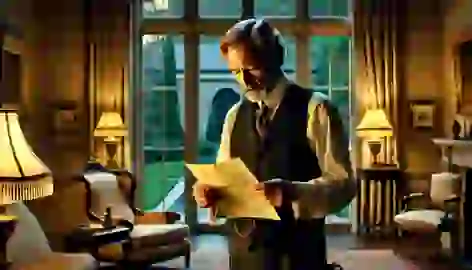 The banker, standing in his study, holding the lawyer