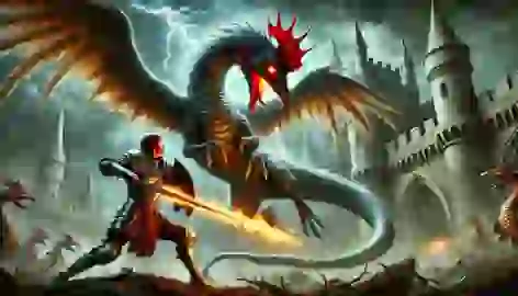 Sir Edmund faces the Cockatrice in a lightning-filled final battle, wielding the glowing Blade of Dracona.