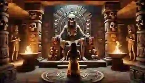 Ixchel kneels before Ah Puch in the Hall of Skulls, illuminated by flickering firelight and adorned with Mayan carvings.