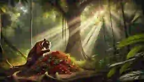 Sang Kancil feasts on fruits under a tall tree, enjoying his peaceful moment in the forest.