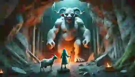 Tatterhood fearlessly faces a giant troll at the cave entrance, holding her wooden spoon while riding her goat.